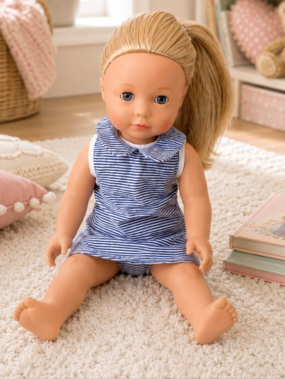 Pottery Barn Kids Gotz 18" Doll Blonde Ponytail Blue Eyes Striped Dress